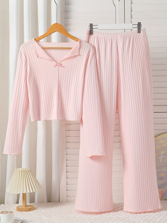 Elegant pyjamasset med V-ringning, rosettdetalj & långa ärmar