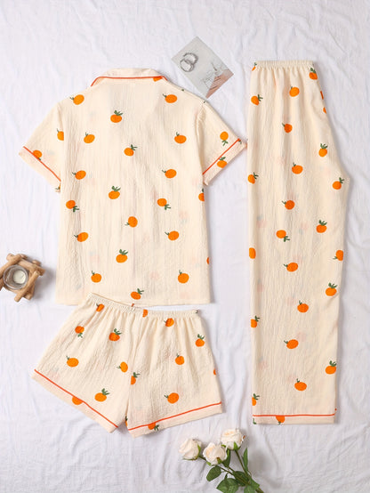 Tredelad pyjamas i mjukt tyg med lekfullt tryck med Apelsin