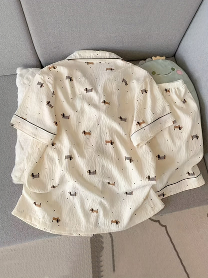 Tvådelad sommarpyjamas i luftig bomullsblandning med söt taxdesign