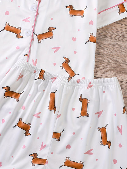 Barnpyjamas 2-delad med tecknad tax & hjärtan – kortärmad topp & shorts