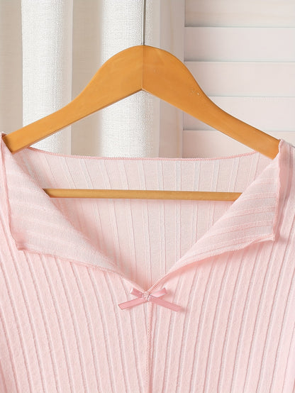 Elegant pyjamasset med V-ringning, rosettdetalj & långa ärmar