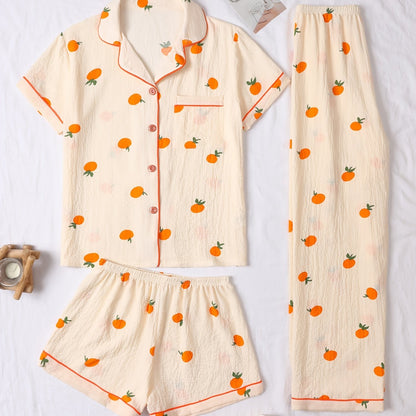 Tredelad pyjamas i mjukt tyg med lekfullt tryck med Apelsin